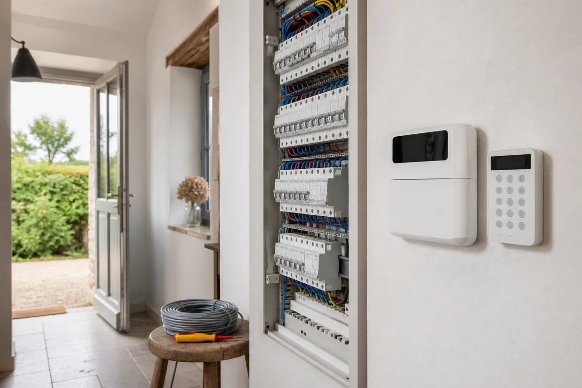 Centrale d&rsquo;alarme sans fil et clavier fixés dans une entrée de maison