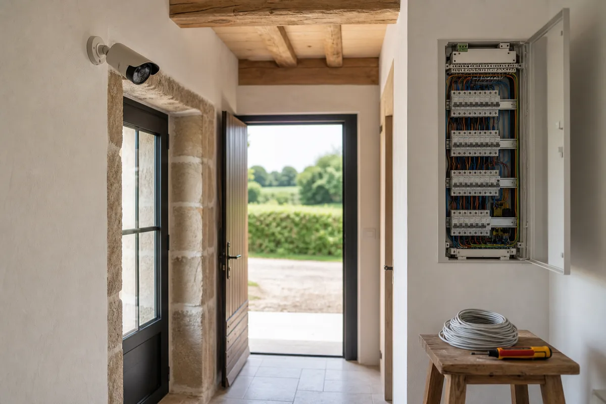 Caméra de surveillance extérieure orientée vers la porte d&rsquo;entrée d&rsquo;une maison