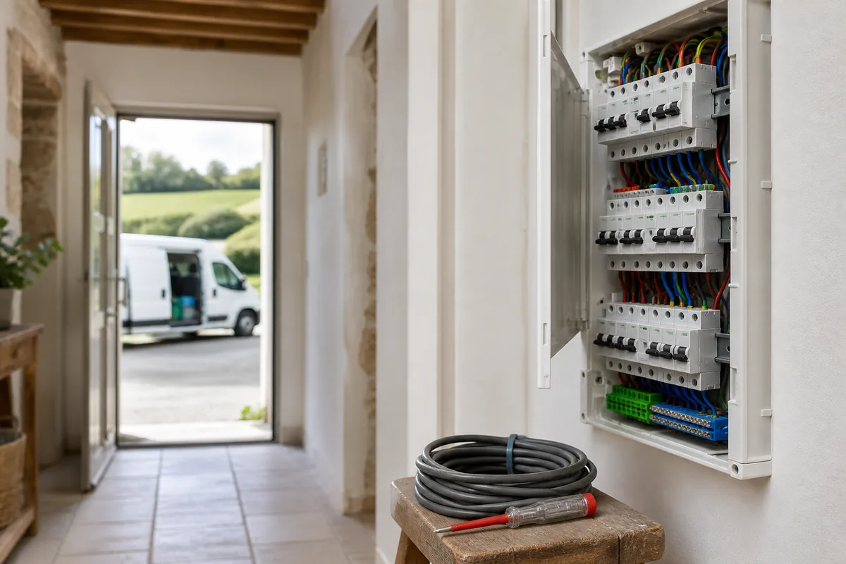 Camionnette d’artisan et matériel électrique devant un pavillon vendéen