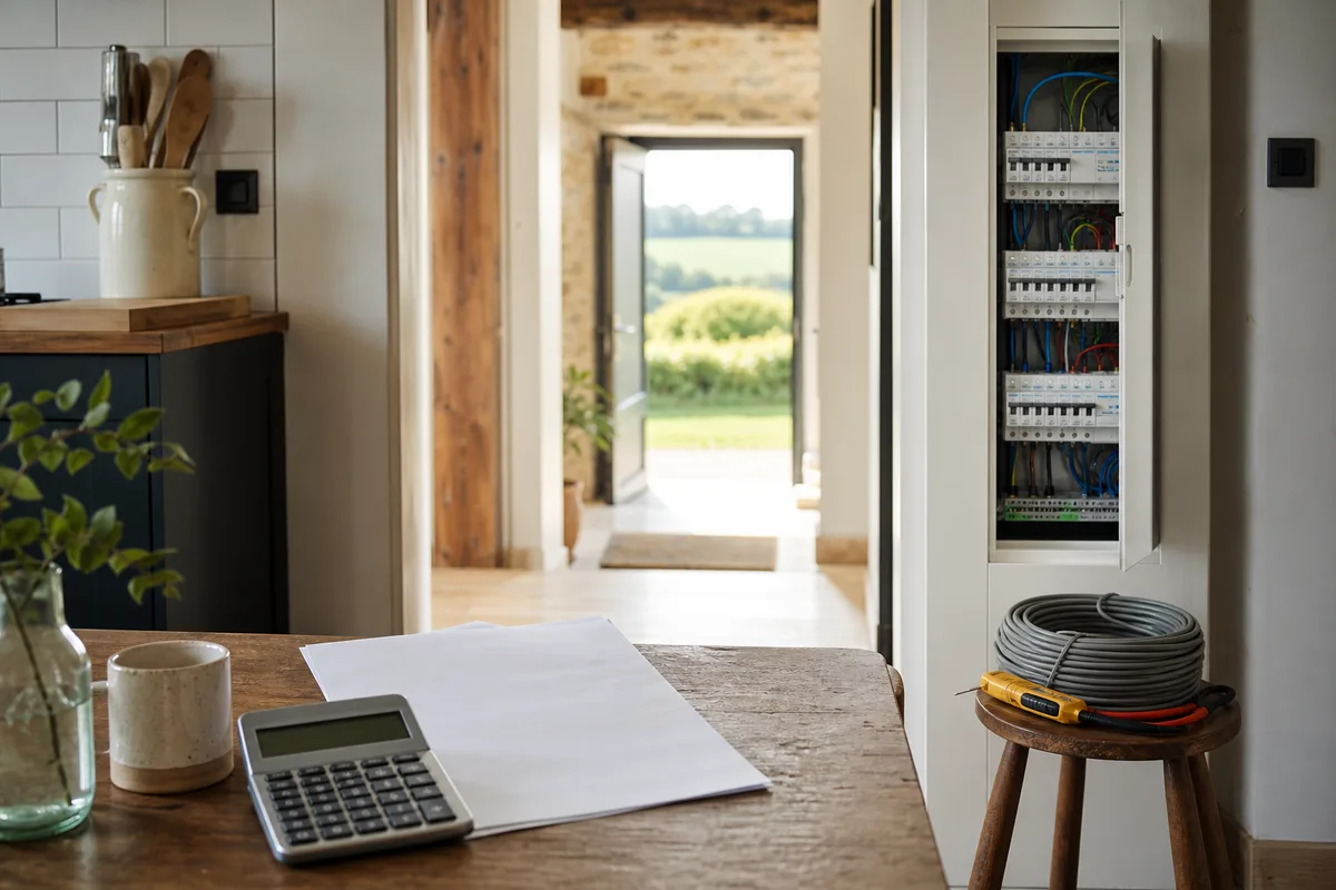 Devis d’électricité et calculatrice posés sur une table de cuisine
