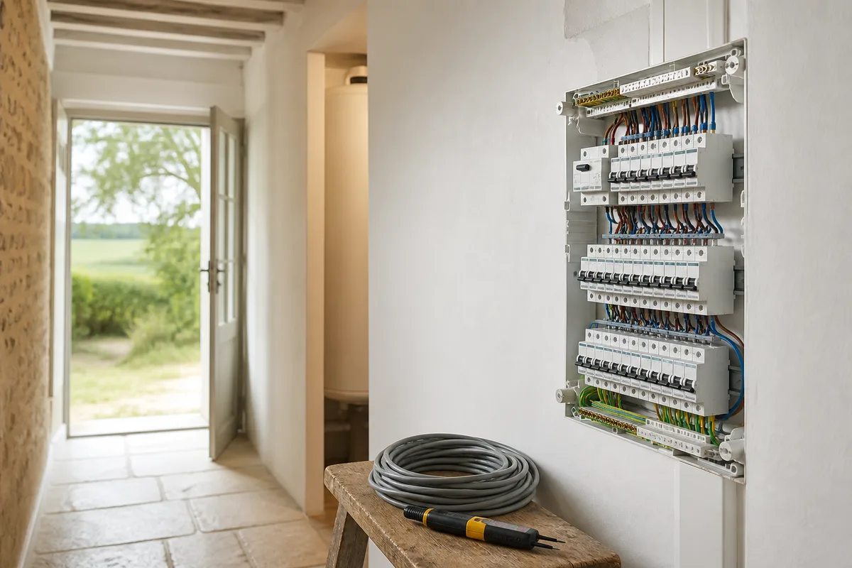Façade d'un tableau électrique à rangées de modules devant une haie du bocage vendéen, éclair stylisé