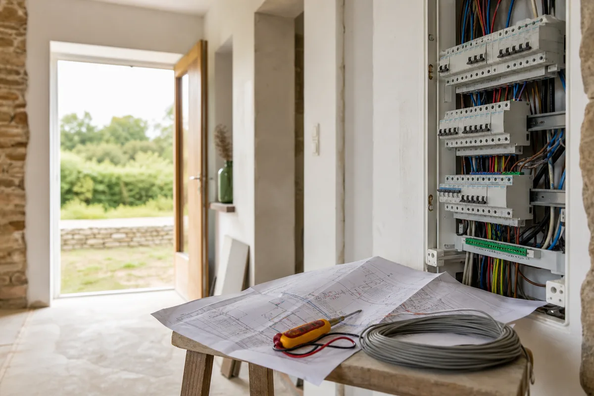 Plan d’implantation électrique déplié sur le chantier d’une maison neuve