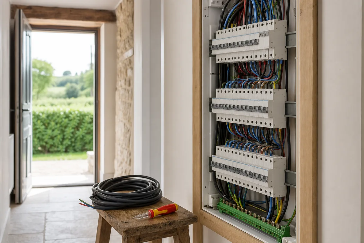Tableau électrique neuf en cours de câblage dans une gaine technique de logement