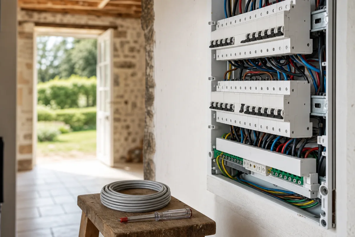 Tableau électrique domestique avec un disjoncteur en position basse