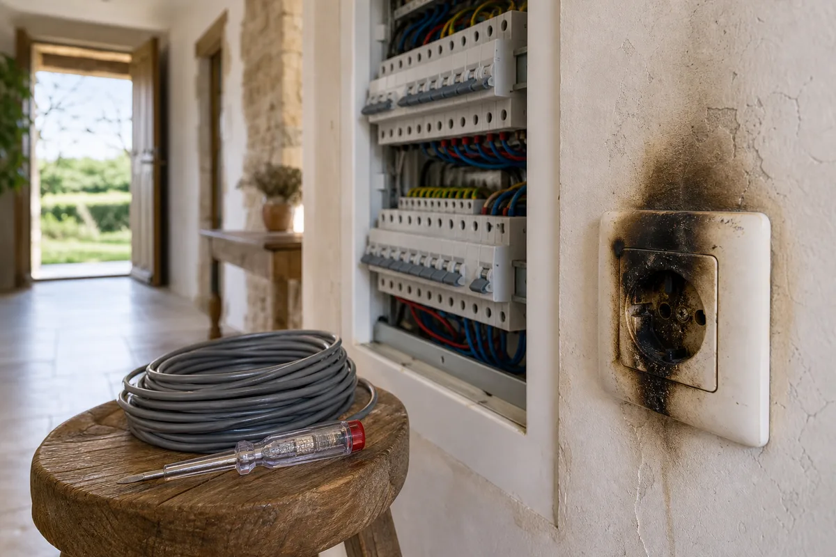 Prise électrique murale noircie par un échauffement