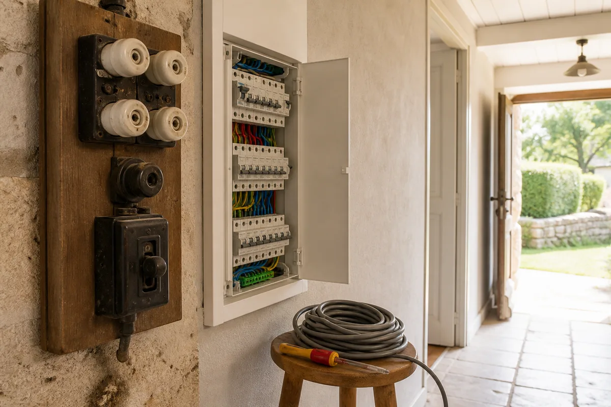 Ancien tableau électrique à porte-fusibles dans une maison à rénover