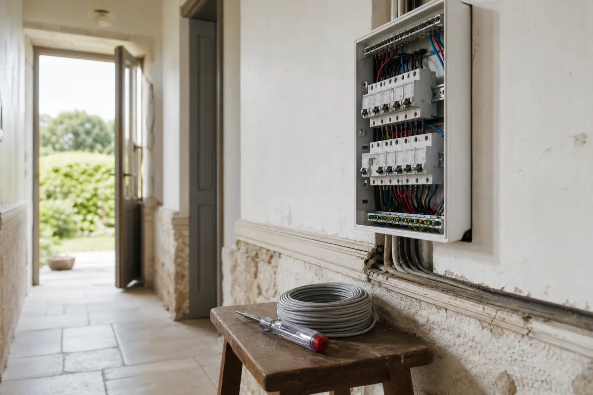 Fils électriques anciens sous moulure dans une maison à rénover
